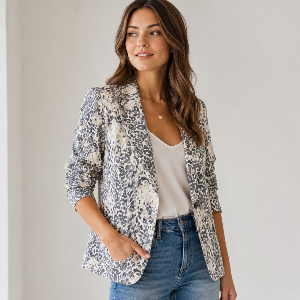 Joie Womens Linen Blazer Jacket Size 8 Gray Beige Animal Print Workwear Career
